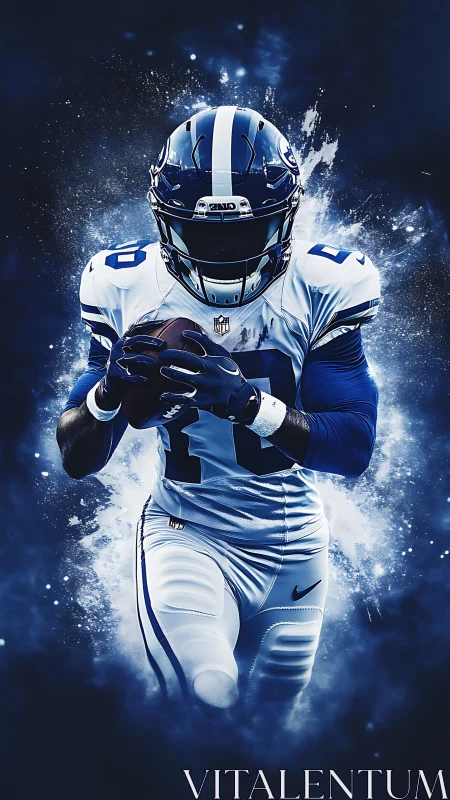 Electric blue football player explodes through smoky darkness