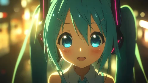 Neon city songstress with turquoise starlit eyes and glow.