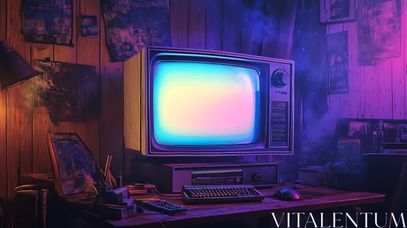 Retro computer and CRT monitor in neon lit wooden room.