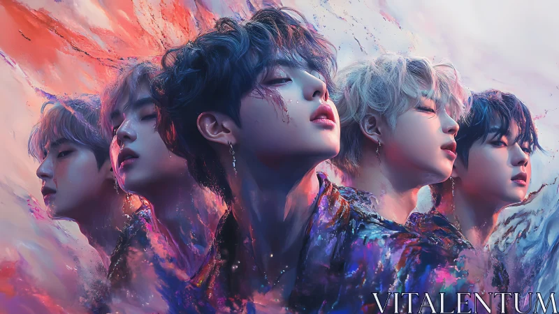 Surreal digital portrait of five expressive male figures.