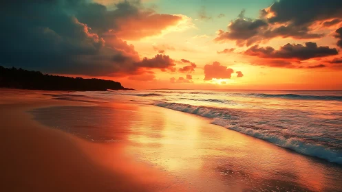 Hyper-saturated coastal sunset with reflective wet shoreline