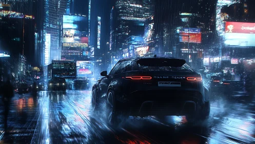Cyberpunk SUV racing through neon soaked rainy city streets.