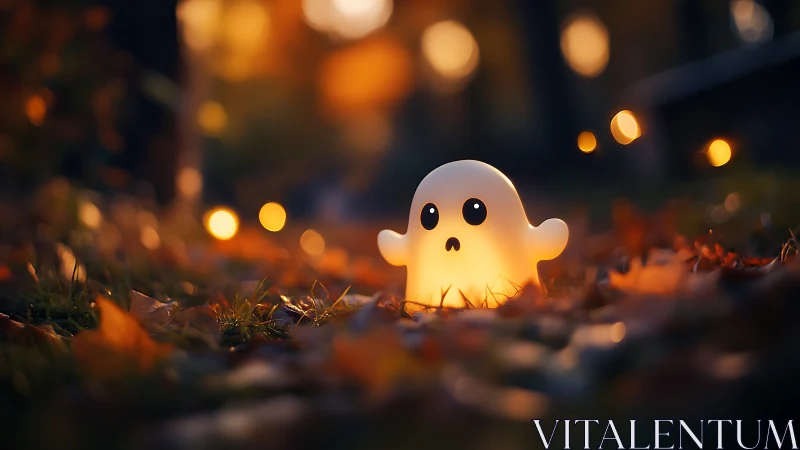 Glowing little ghost resting softly in autumn twilight.