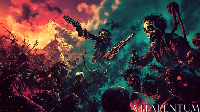 Gun-wielding skeletons storm neon battlefield of undead hordes.