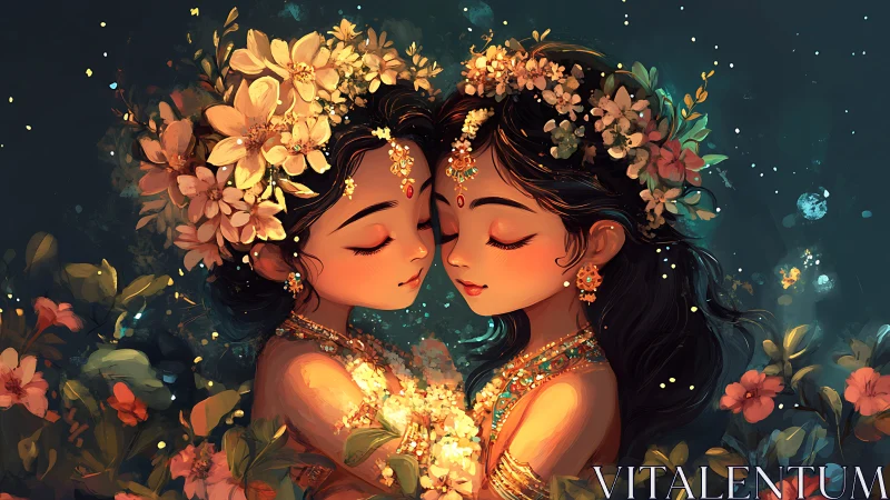 Sisters adorned in golden light beneath a cosmic flower garden