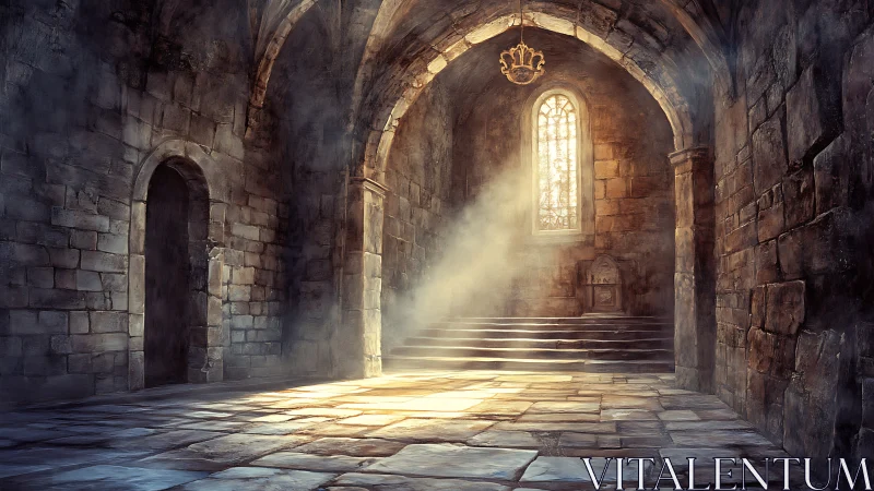 Sunlit stone chapel interior glows with ethereal dust motes.