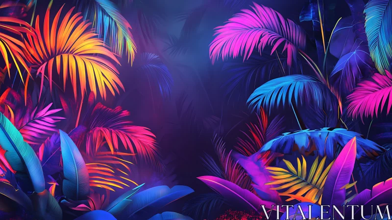 Neon-toned tropical foliage under dark abstract background.