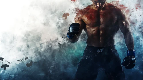 Muscular Boxer Emerging Through Dispersing Watercolor Mist