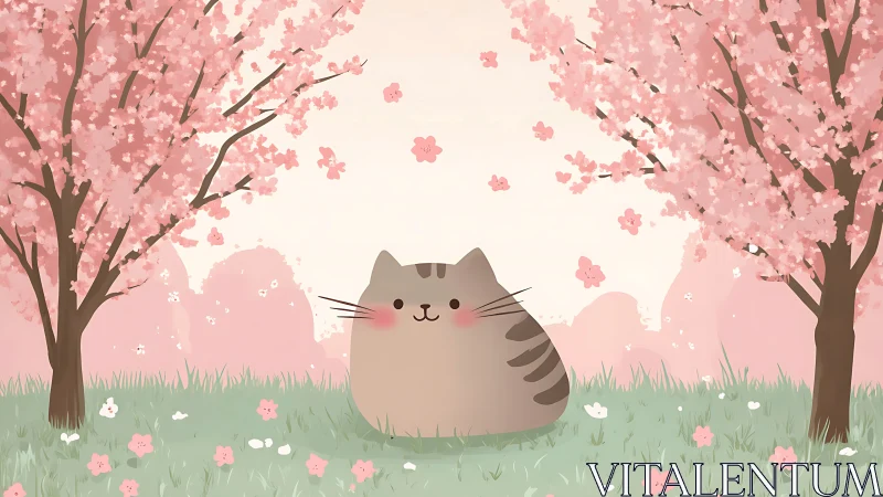 Stylized feline subject within cherry blossom landscape composition with soft organic rendering