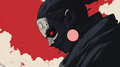 Masked warrior profile against stark red sky background.