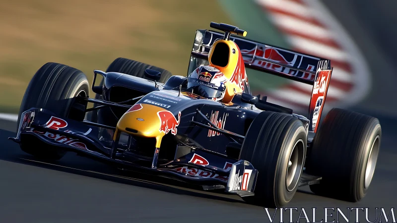 Red Bull Formula 1 car attacks apex under golden track light.