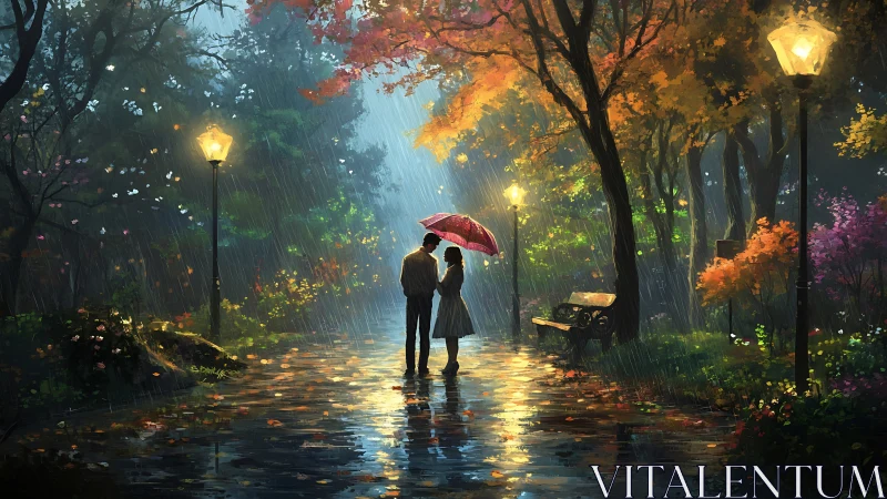 Two figures with umbrella in autumn rain.