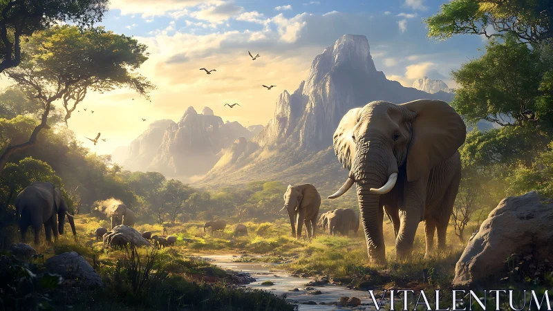 Elephant herd in sunlit savanna valley with distant mountains.