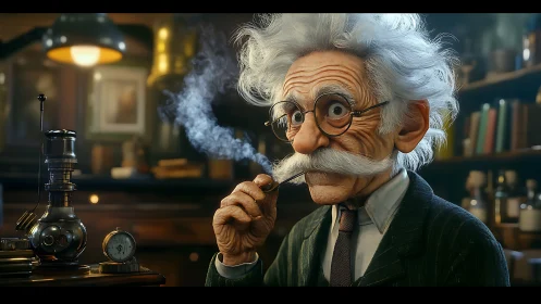 3D caricature of eccentric scientist in warm lab interior.