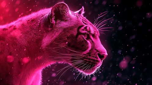 Magenta feline profile with particle effects on dark background.
