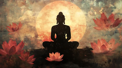 Silhouetted meditator with lotus flowers at sunset.