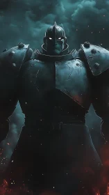 Armored knight figure in dark stormy cinematic scene.