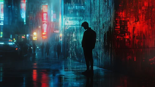 Silhouette on wet city street under red and blue neon rain.