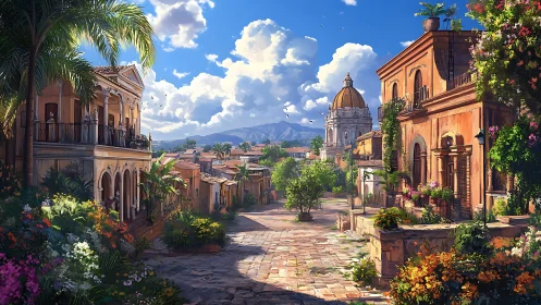 Digital painting of sunlit colonial street with lush gardens.