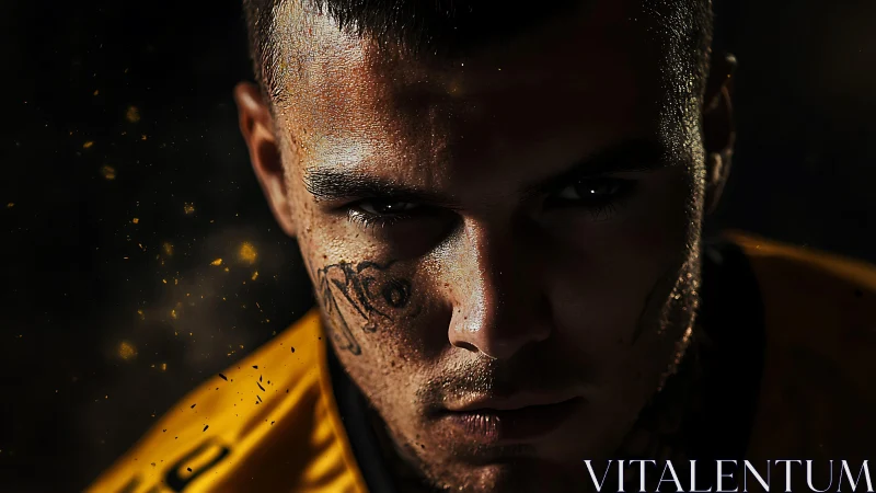 Low-key portrait isolates intense tattooed athlete in sparks
