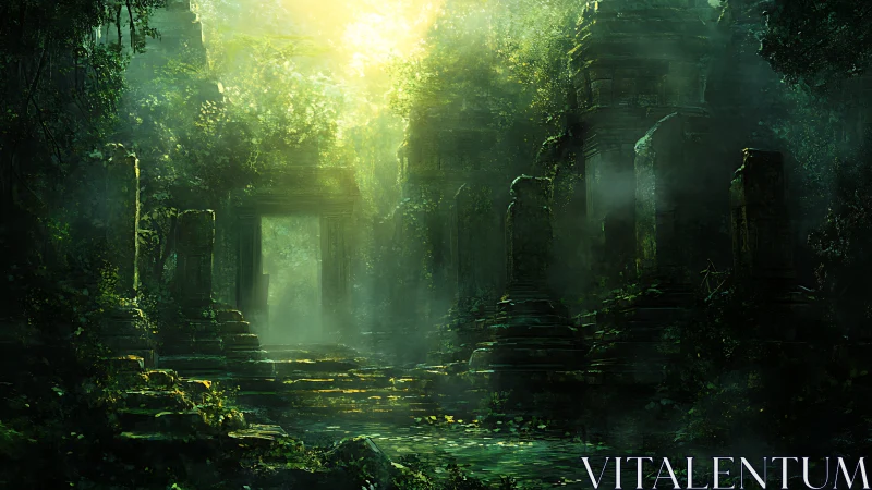Overgrown stone temple ruins in dense green rainforest light.