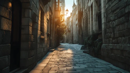 Sunlit stone alley with warm morning light and cobblestones.