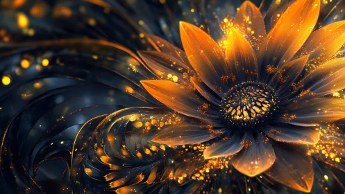 Glowing abstract flower with golden fractal light detail.