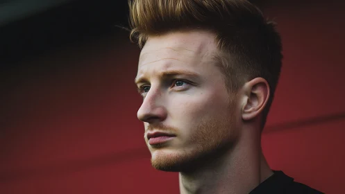 Close side portrait of young man against red backdrop.