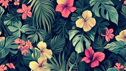 Tropical Garden Blossoms Dance Among Lush Foliage