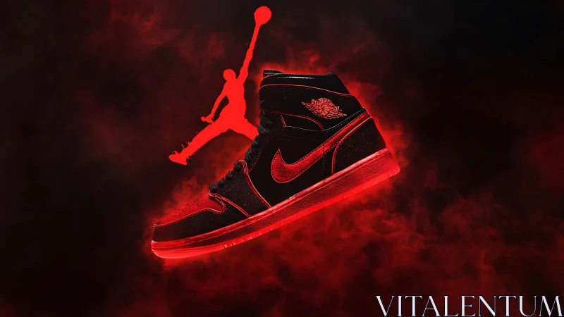 Glowing red-black sneaker render with soaring silhouette emblem.