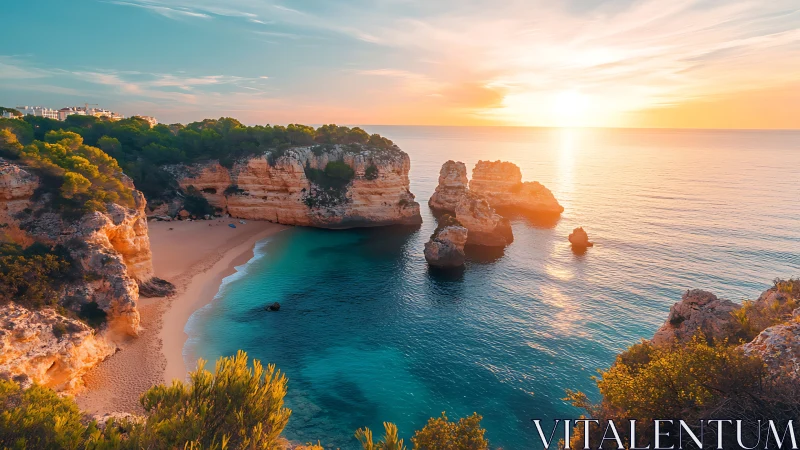 Sunlit cliffs cradle a secret turquoise cove at golden hour.
