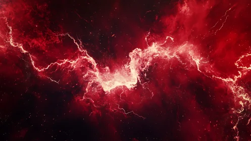 Red nebula-like energy cloud stretches across dark space