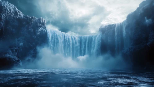 Digital painting of glacial waterfall basin with atmospheric mist.