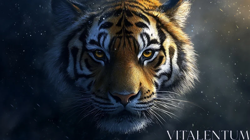 Symmetrical tiger portrait isolates luminous gaze in twilight field