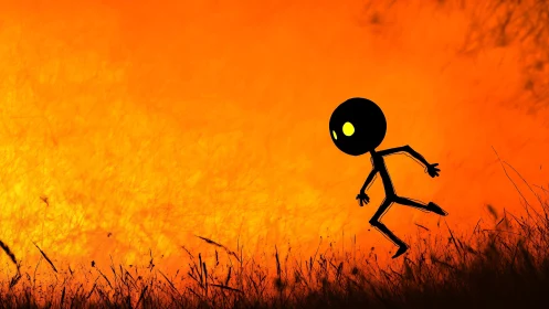 Curious shadow child wandering through glowing orange dusk.