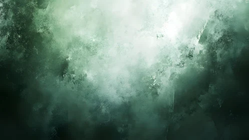 Abstract green mist artwork with textured brushstrokes and soft light.