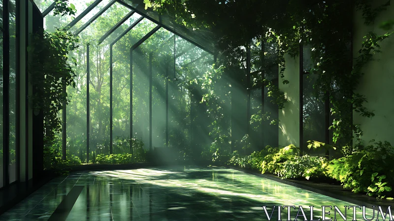 Modern Greenhouse Interior With Cascading Foliage and Natural Light.