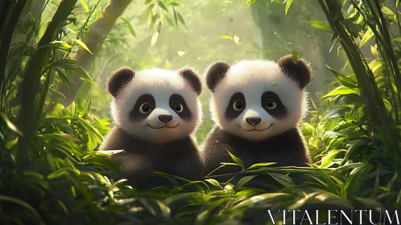Digital painting of twin panda cubs in luminous bamboo glade.