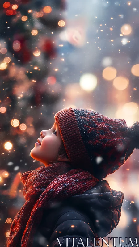Child gazes at glowing winter lights in gentle snowfall.