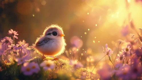 Sunlit fluffball negotiates dawn among glowing wildflowers