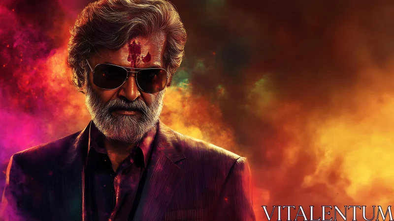 Older man in sunglasses stands before diffuse colored smoke