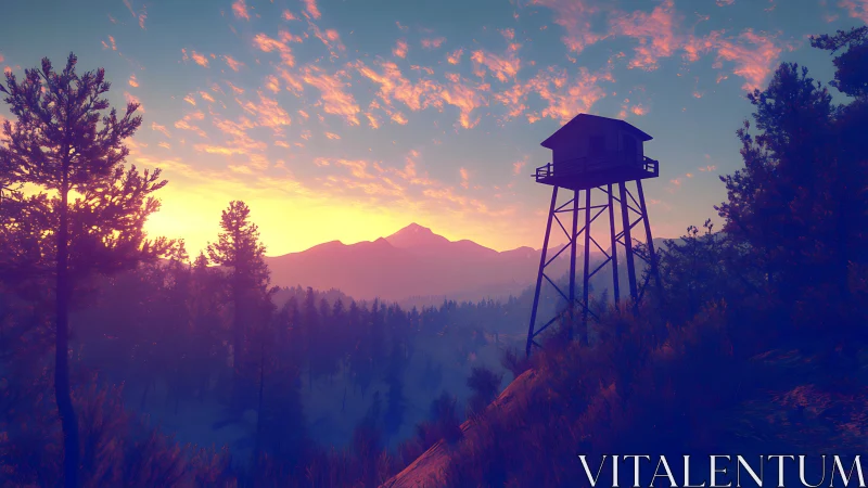 Sunset watchtower rests above a peaceful mountain forest