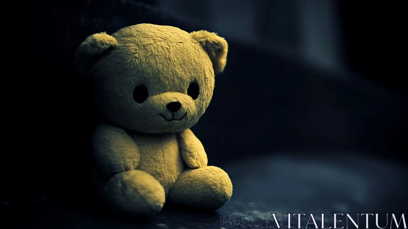 Lonely golden teddy bear waiting in the blue-black quiet.