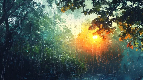 Rainfall over dense forest with warm sunset glow.