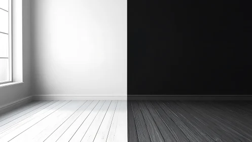 Calm black and white room split by light and shadow.