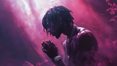 Soft violet prayers in a glowing dreamlike forest haze.