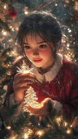 Digital painting portrait with luminous Christmas micro-tree.