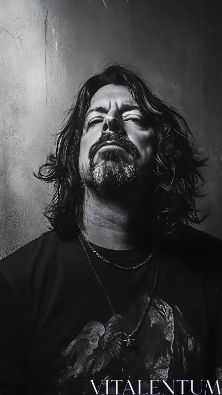 Moody monochrome portrait captures introspective rock style.