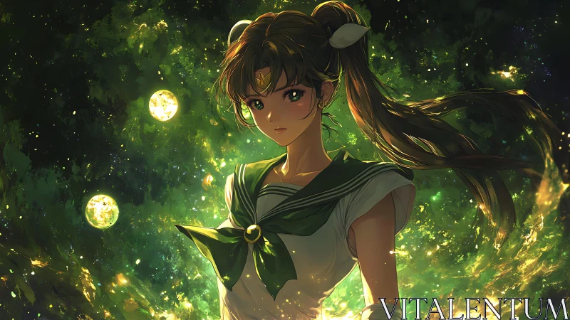 Girl in sailor uniform amid luminous green orbs at night.