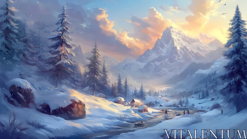 Winter mountain valley with frozen river and warm sunrise.